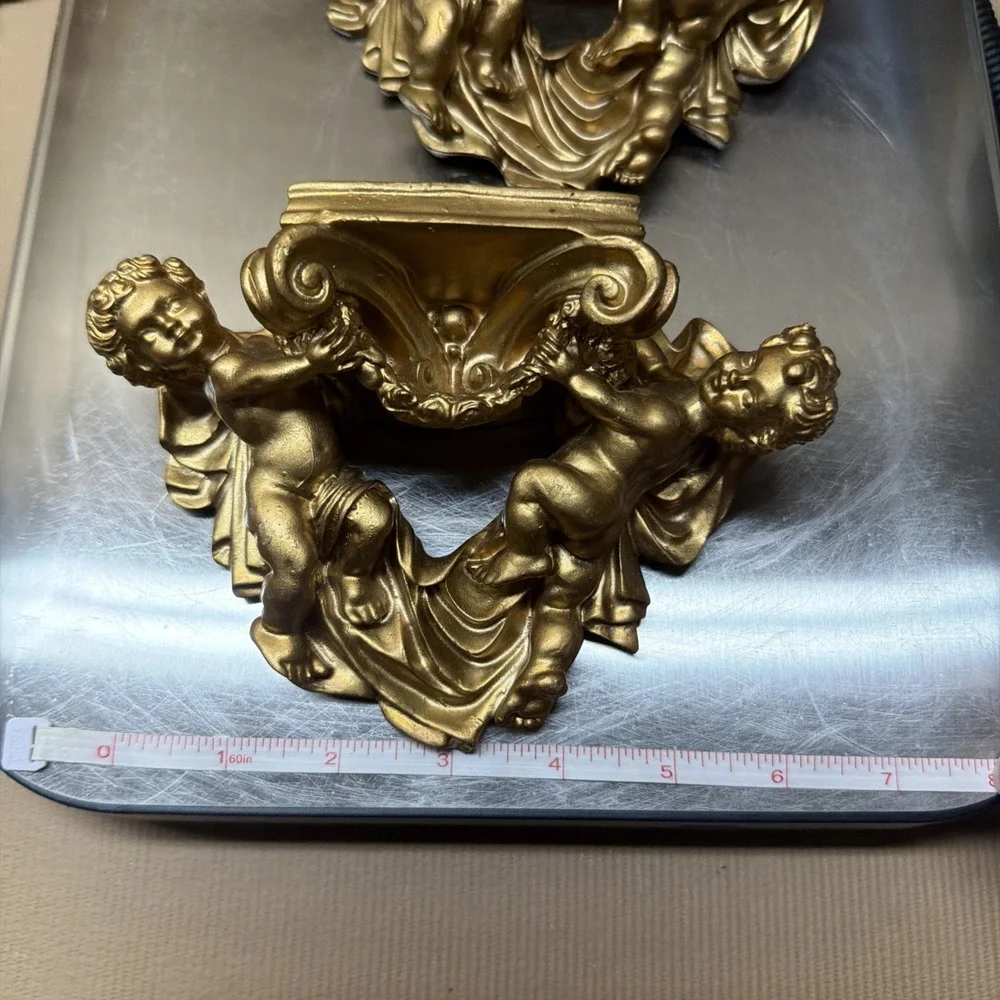 Vtg Gold Cherub Wall Sconces Shelves Pair Hollywood Regency Ornate Plaster